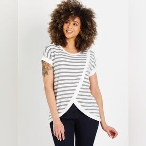Motherhood Maternity STRIPED LIFT UP DRAPE FRONT NURSING TOP Size L - Grey
